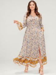 Floral V Neck Bell Sleeve Split Pocket Ruffles Maxi Dress