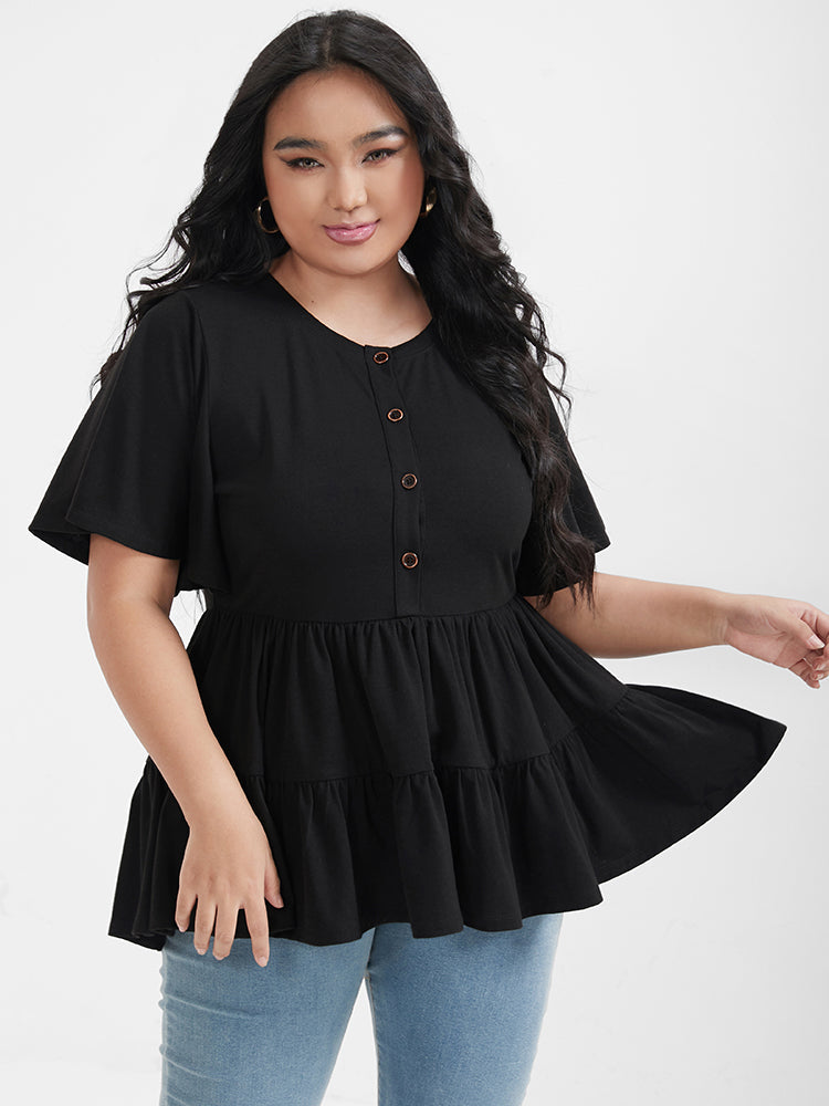 Solid Ruffles Button Round Neck T-shirt