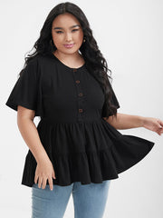Solid Ruffles Button Round Neck T-shirt
