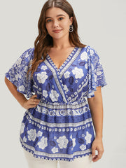 Bandana Ruffles Elastic Waist Wrap Blouse