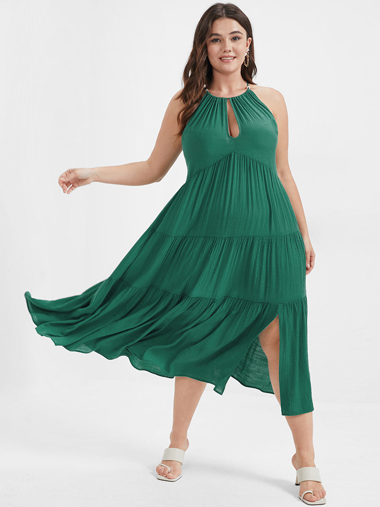 Solid Flutter Split Keyhole Ties Halter Neck Midi Dress