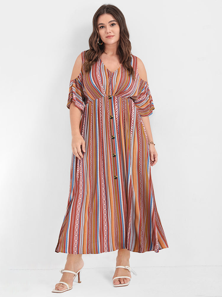 Bandana Ruffles Button Pocket Cold Shoulder Maxi Dress