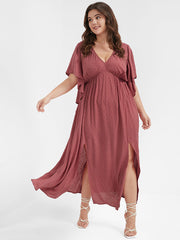 Solid V Neck Ruffles Split Embroidered Maxi Dress