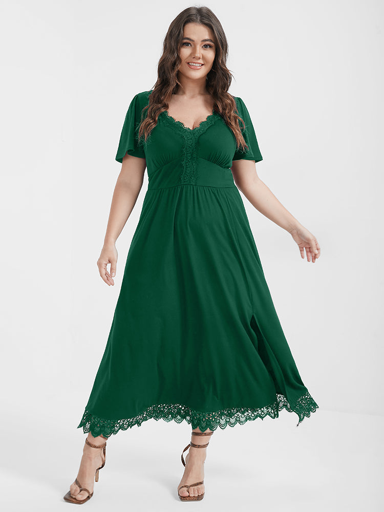 Solid Pocket Contrast Lace Split Maxi Dress