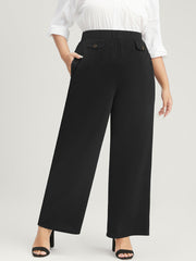 Solid Button Detail Elastic Waist Pocket Pants