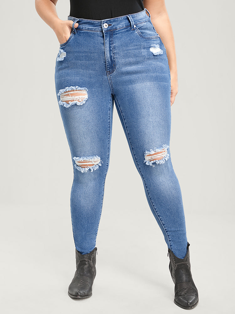 Skinny Very Stretchy High Rise Asymmetrical Distressed Jeans