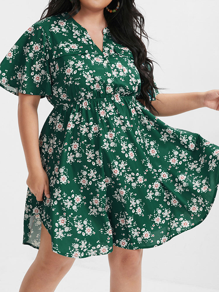 Floral Pocket Ruffled V Neck Short Dress