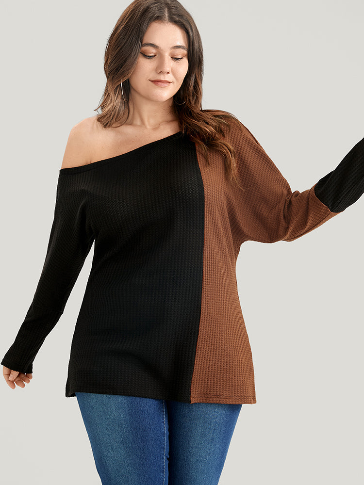 Colorblock Contrast Waffle Knit  One Shoulder Long Tee