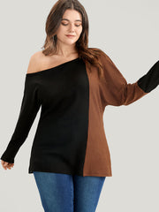 Colorblock Contrast Waffle Knit  One Shoulder Long Tee