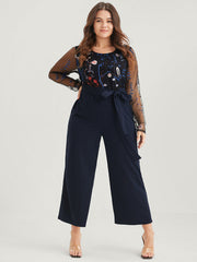 Solid Pocket Embroidered Mesh Sleeve Knotted Jumpsuit