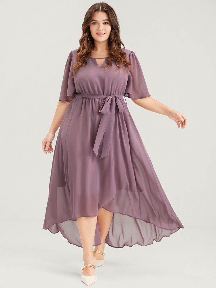 Solid Keyhole Neck Ruffle Asymmetrical Hem Belted Maxi Dress