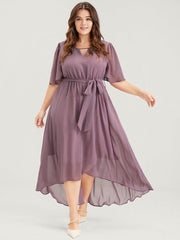 Solid Keyhole Neck Ruffle Asymmetrical Hem Belted Maxi Dress