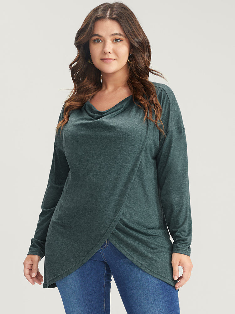 Solid Cowl Neck Asymmetrical Hem Long Tee