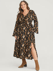 Floral Pocket Bell Sleeve Belted Split Flutter Dress
