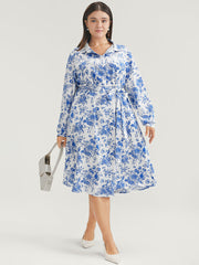 Floral Button Up Pocket Belted Lapel Collar Dress