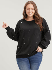 Solid Pearl Beaded Drop Shoulder Sweatshirt