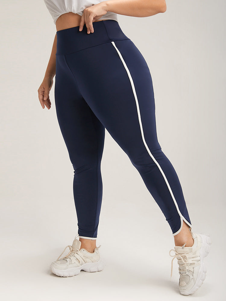 Solid Wide Waistband Contrast Trim Skinny Leggings