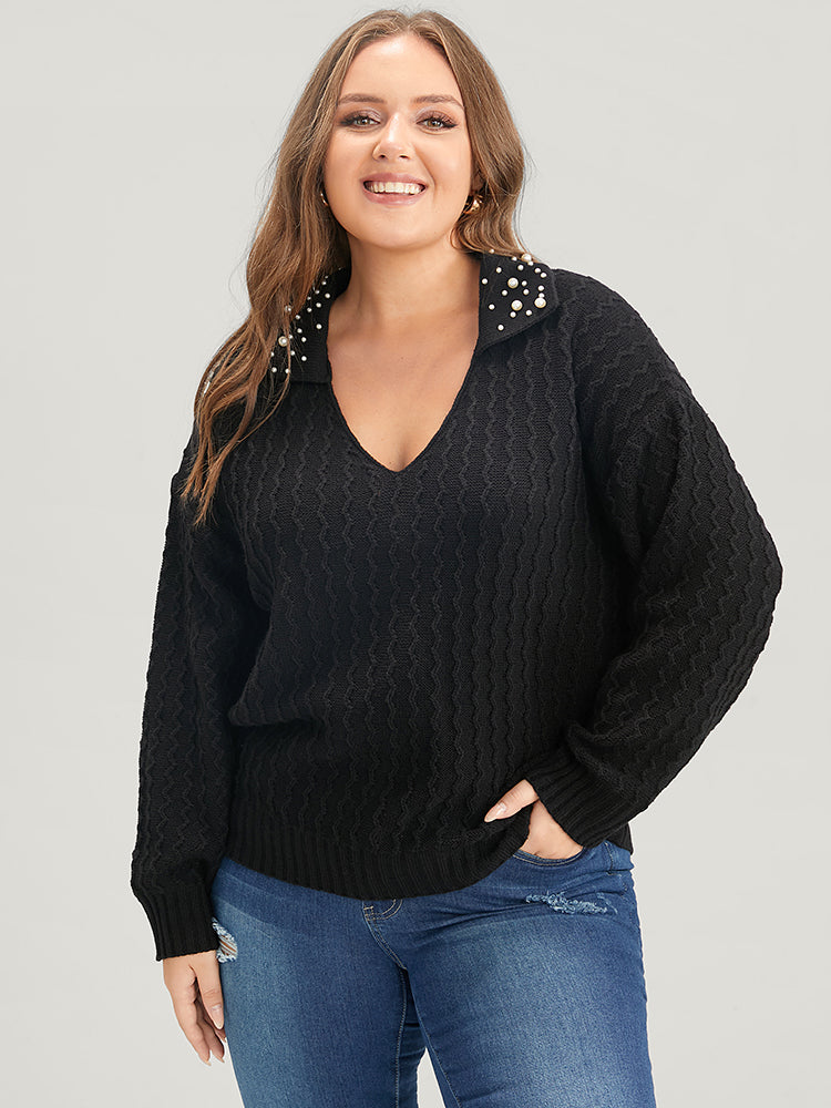 Solid Pointelle Knit Pearls Beaded Collar Neck Knit Top