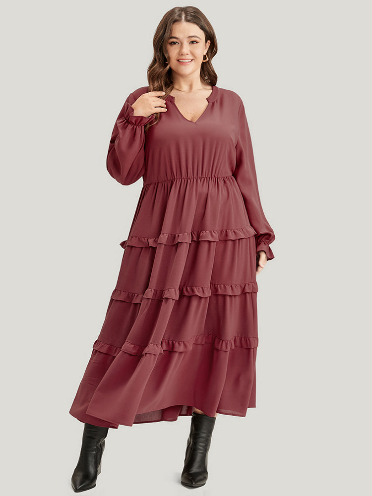 Solid Lantern Sleeve Pocket Ruffle Hem Dress