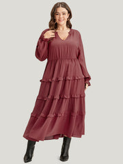Solid Lantern Sleeve Pocket Ruffle Hem Dress