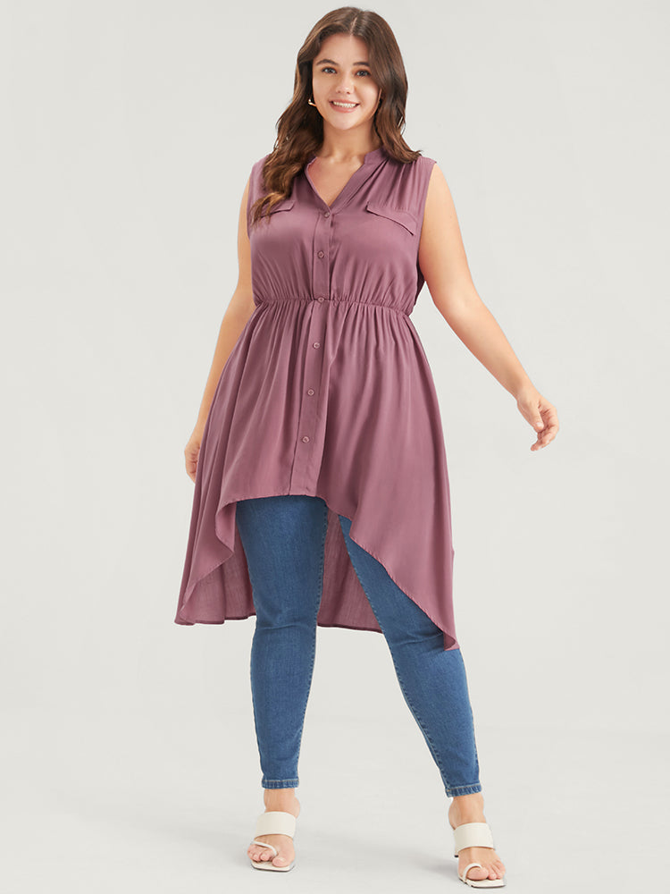 Solid Gathered Button High Low Hem Fake Pocket Tank Top