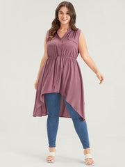 Solid Gathered Button High Low Hem Fake Pocket Tank Top