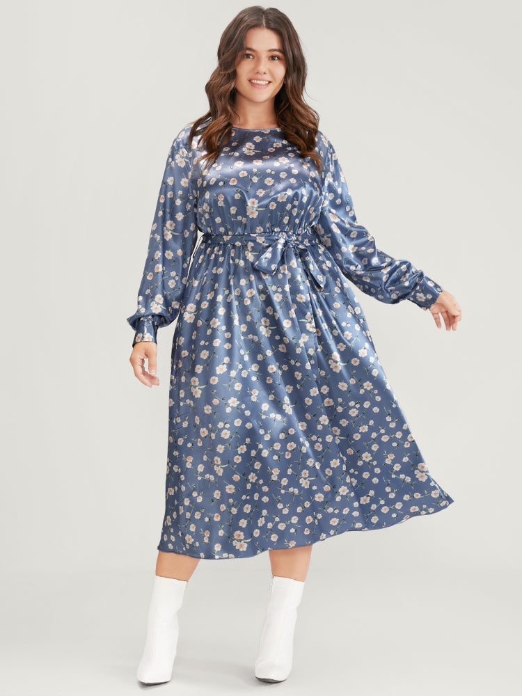 Floral Keyhole Back Pocket Belted Satin Midi Dress