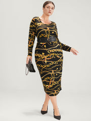 Chain Print Round Neck Bodycon Midi Dress