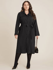 Solid Belted Pleated Shirt Collar Dress