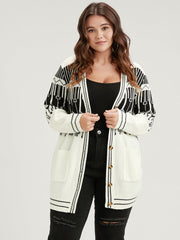 Geometric Knitted Jacquard Contrast Pocket Button Front Cardigan