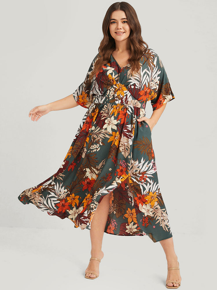 Floral V Neck Split Pleated Pocket Maxi Dress