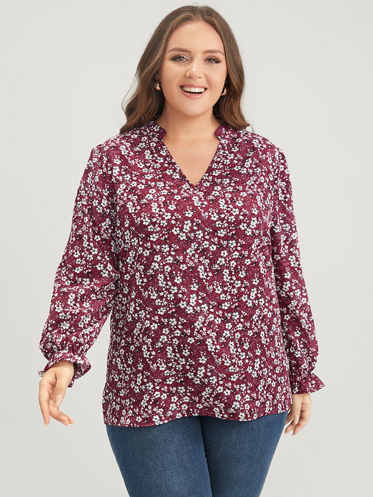 Floral Lantern Sleeve Arc Hem V Neck Blouse