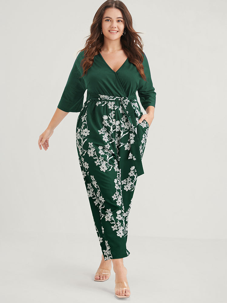 Floral Print Button  Dolman Sleeve Pocket Knotted Wrap Jumpsuit