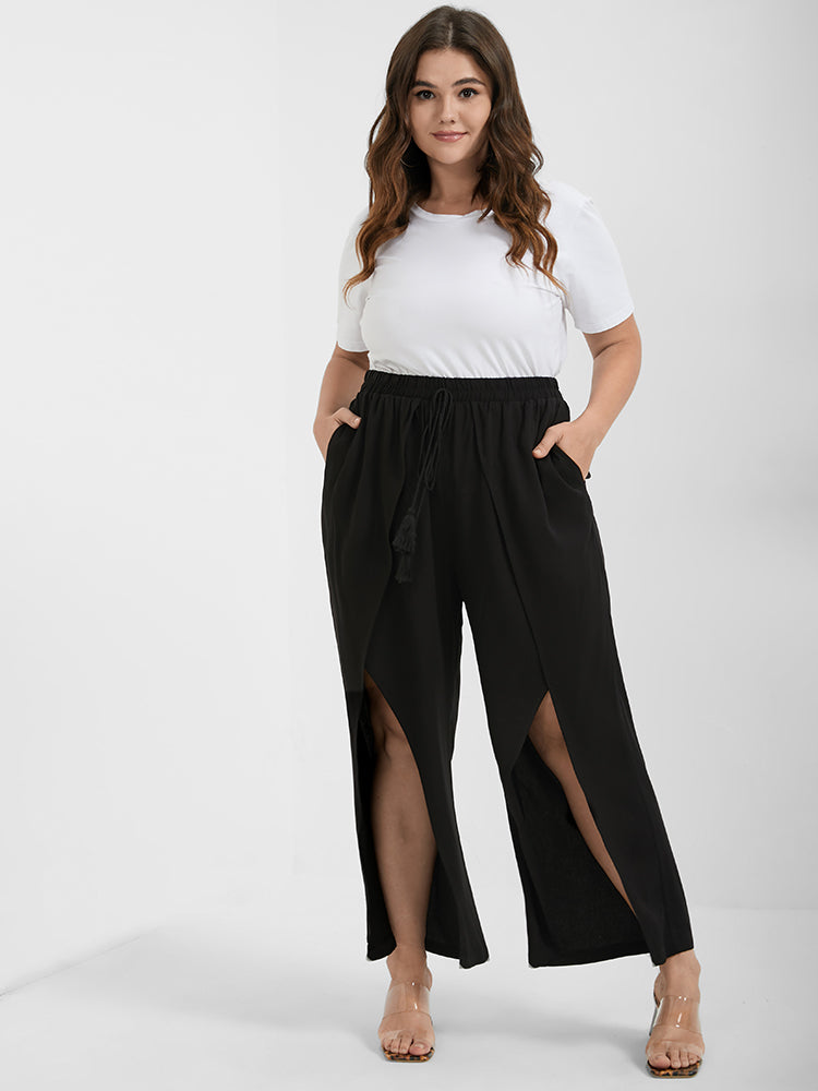 Solid Wrap Split Pocket Knot Waist Pants