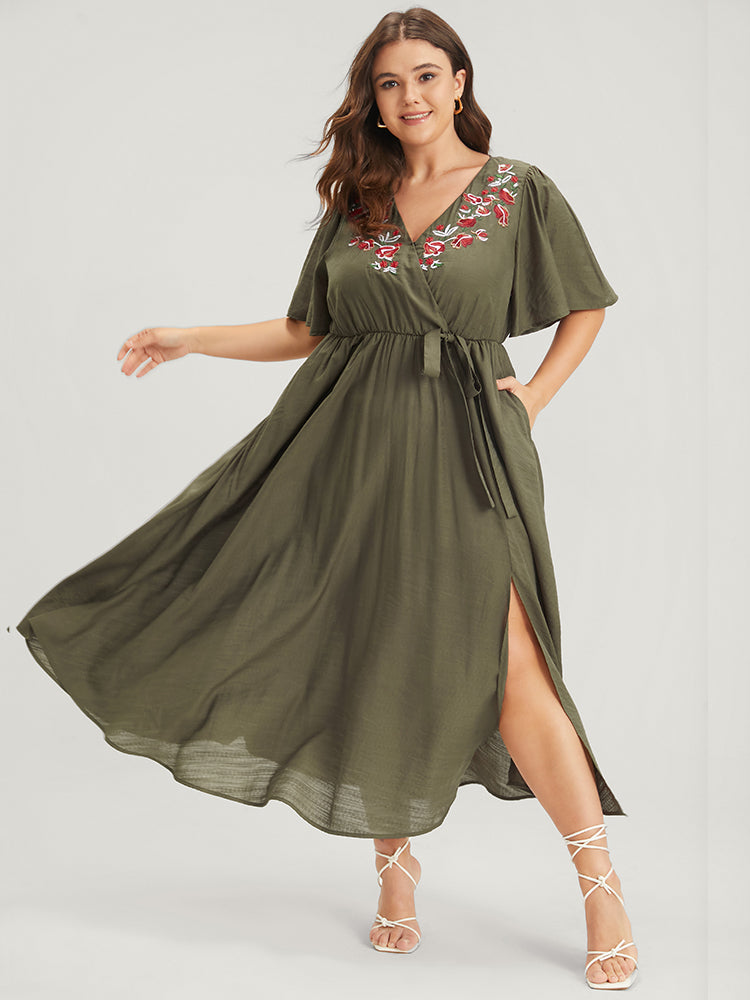 Solid Pocket Knotted  Embroidered Ruffles Hem Wrap Dress