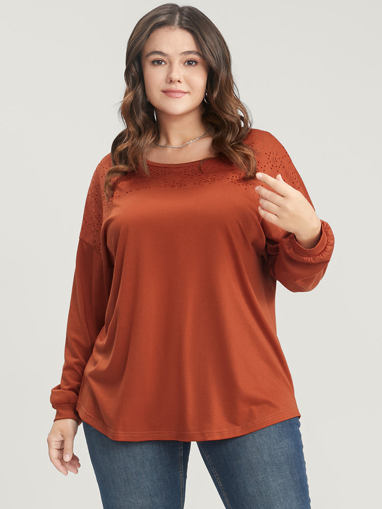 Solid Round Neck Eyelet Insert Long Tee