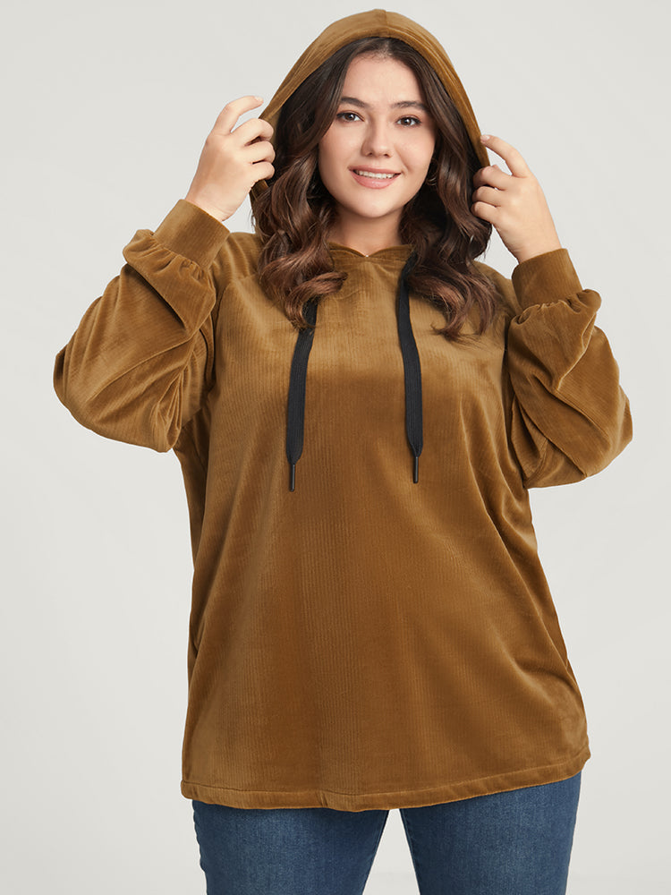 Solid Corduroy Drawstring Hooded Sweatshirt