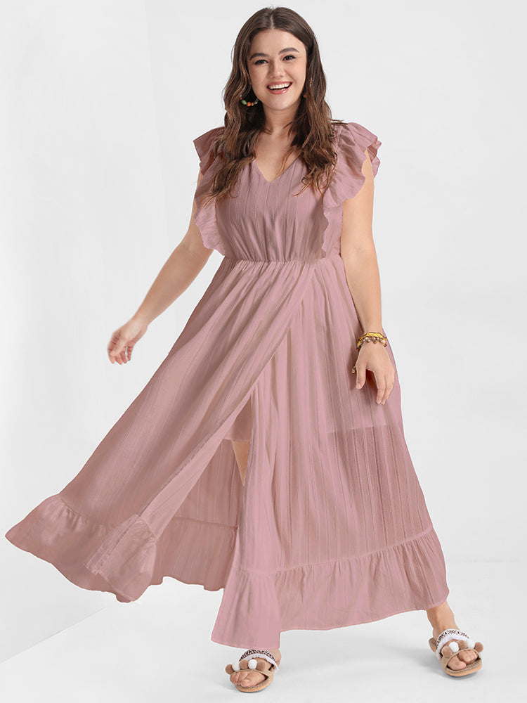 Solid V Neck Ruffles Split Pocket Maxi Dress