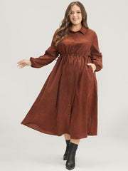Solid Drawstring Pocket Button Detail Shirt Collar Corduroy Dress