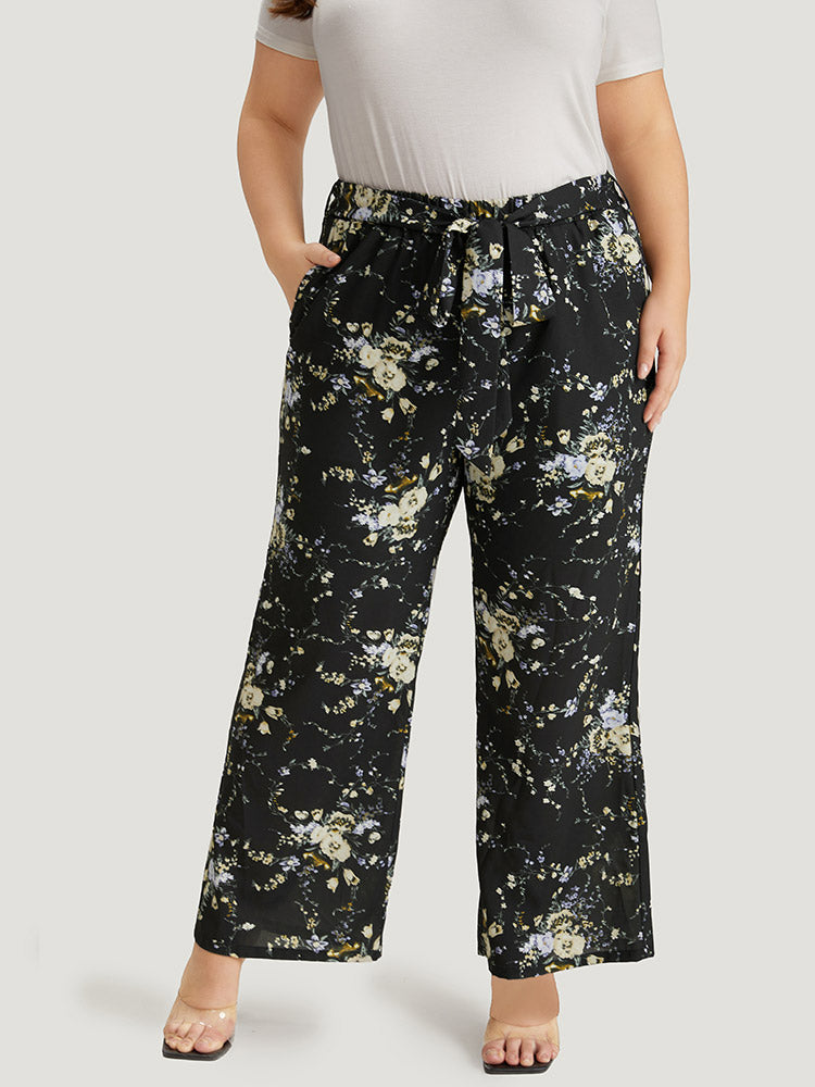 Floral Print Pocket Belted Pants