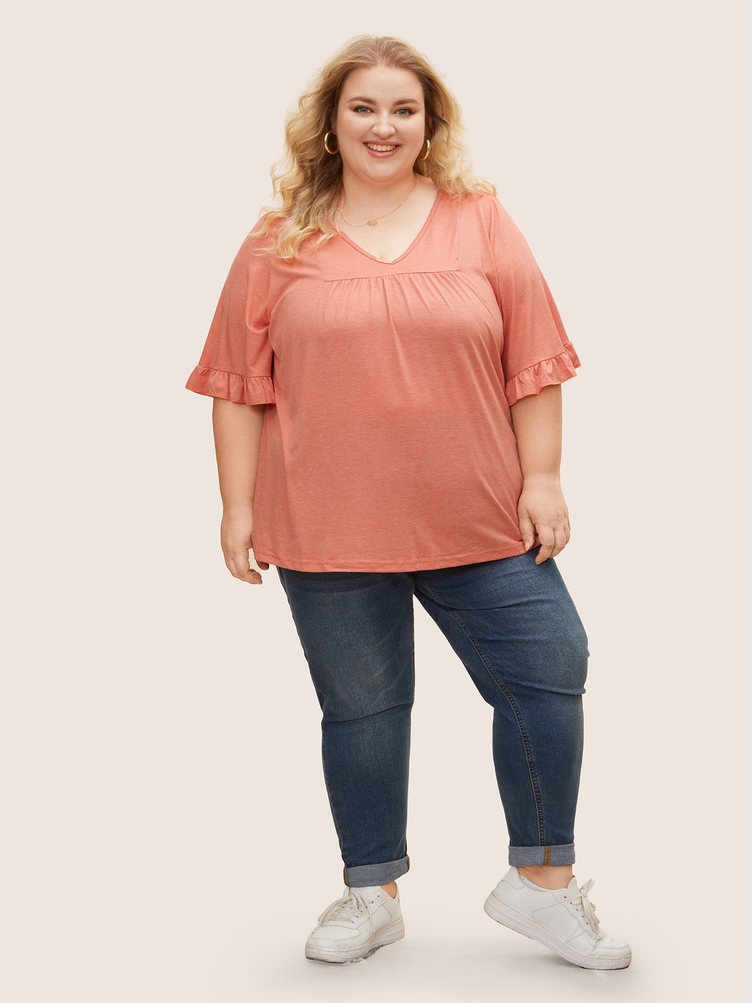 Solid Gathered Ruffle Trim Flounce Sleeve T-shirt