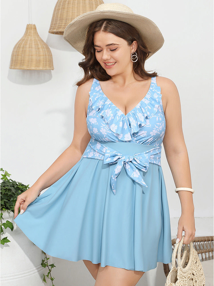 Floral Patchwork Ruffle Trim Knot Front Swim Dress
