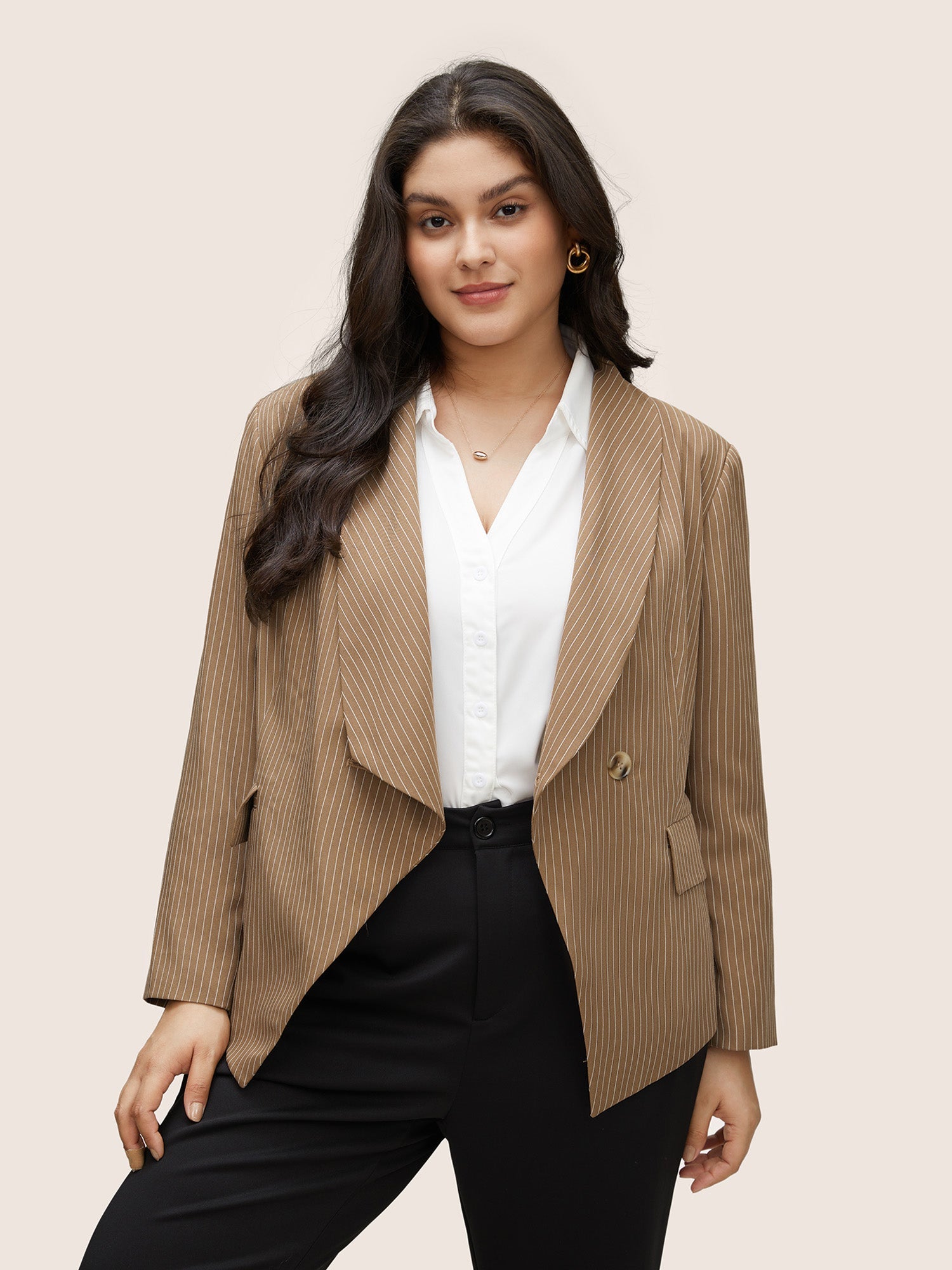 Striped Asymmetrical Hem Belted Flap Pocket Blazer