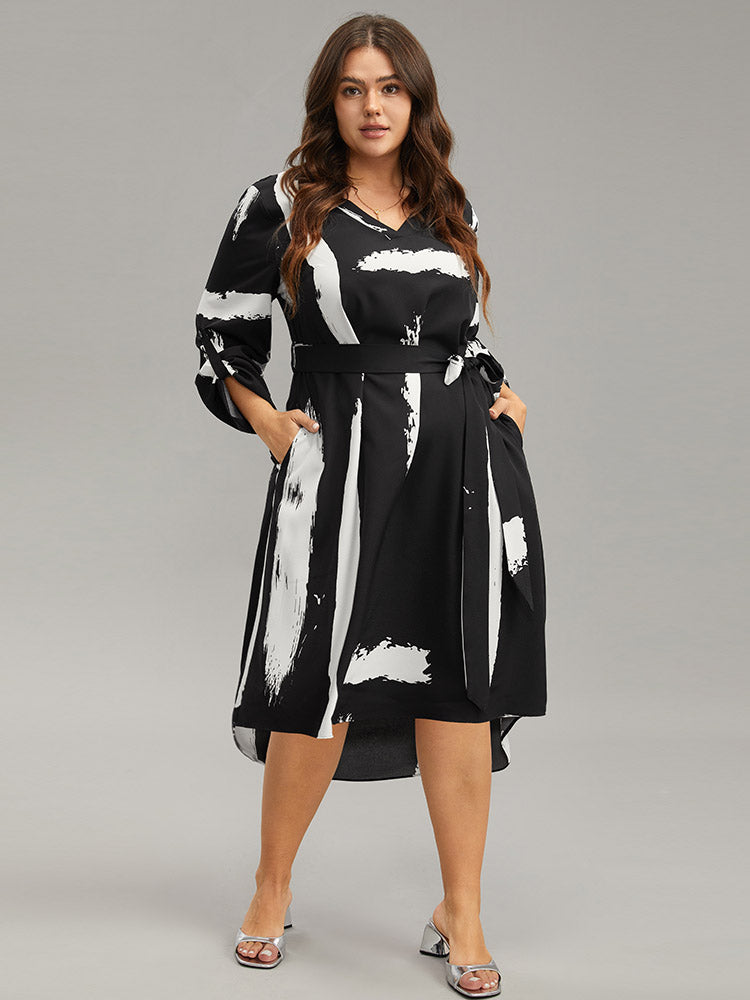 Brush Print V Neck Belted Tab Sleeve Dress