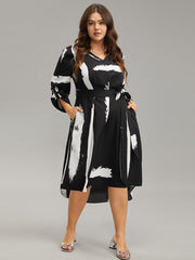 Brush Print V Neck Belted Tab Sleeve Dress