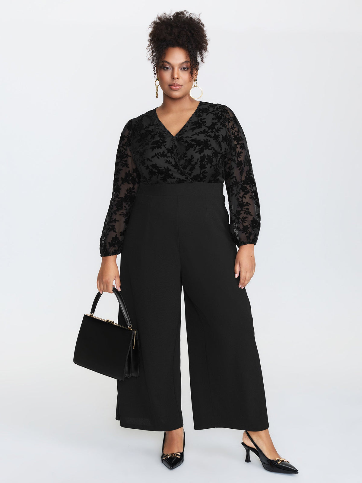 Floral Mesh Sleeve Surplice Flared Jumpsuit