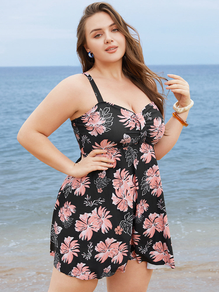 Floral Print Gathered  Adjustable Straps Swim Dress