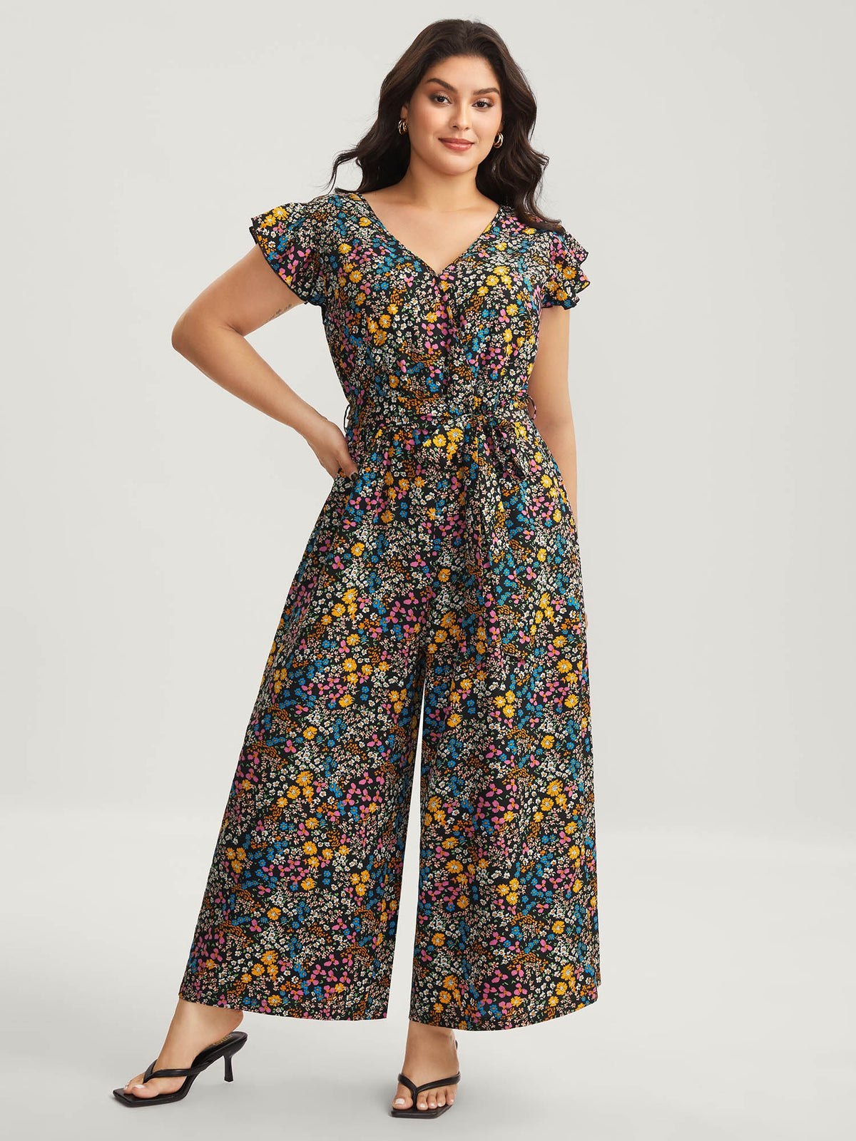 Floral Print Belted Ruffled Sleeve Jumpsuit