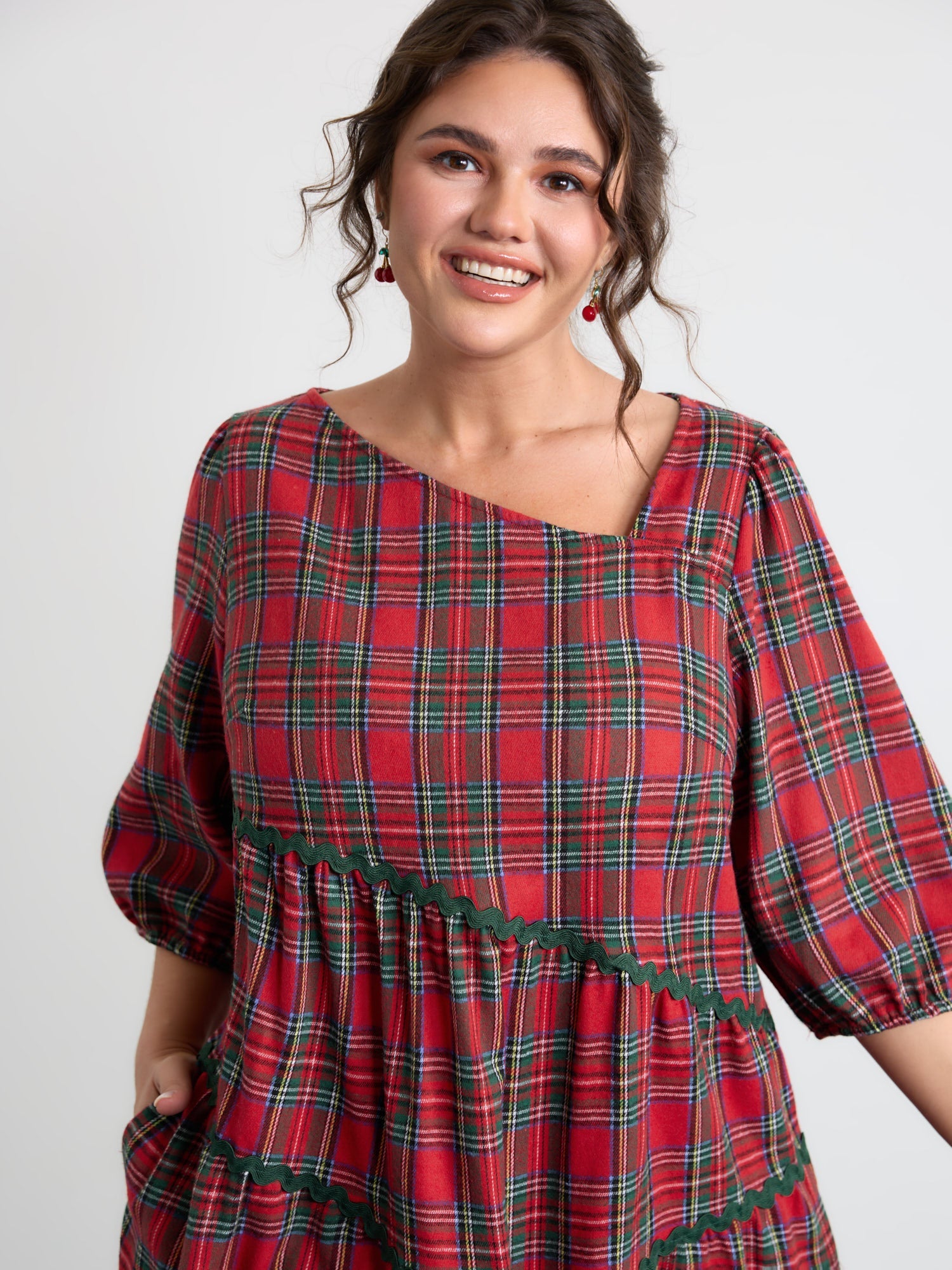Festive Plaid Wavy Trim Midi Dress