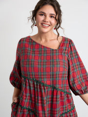 Festive Plaid Wavy Trim Midi Dress